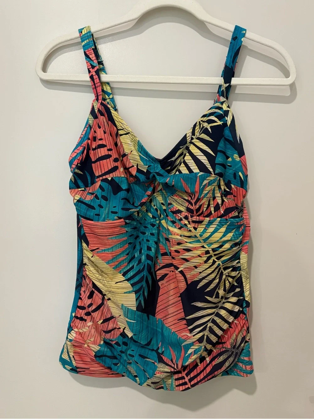 L.L. Bean UPF 50 Tankini Top Print Tropical Palm Leaf Adjustable Straps Cups 10
